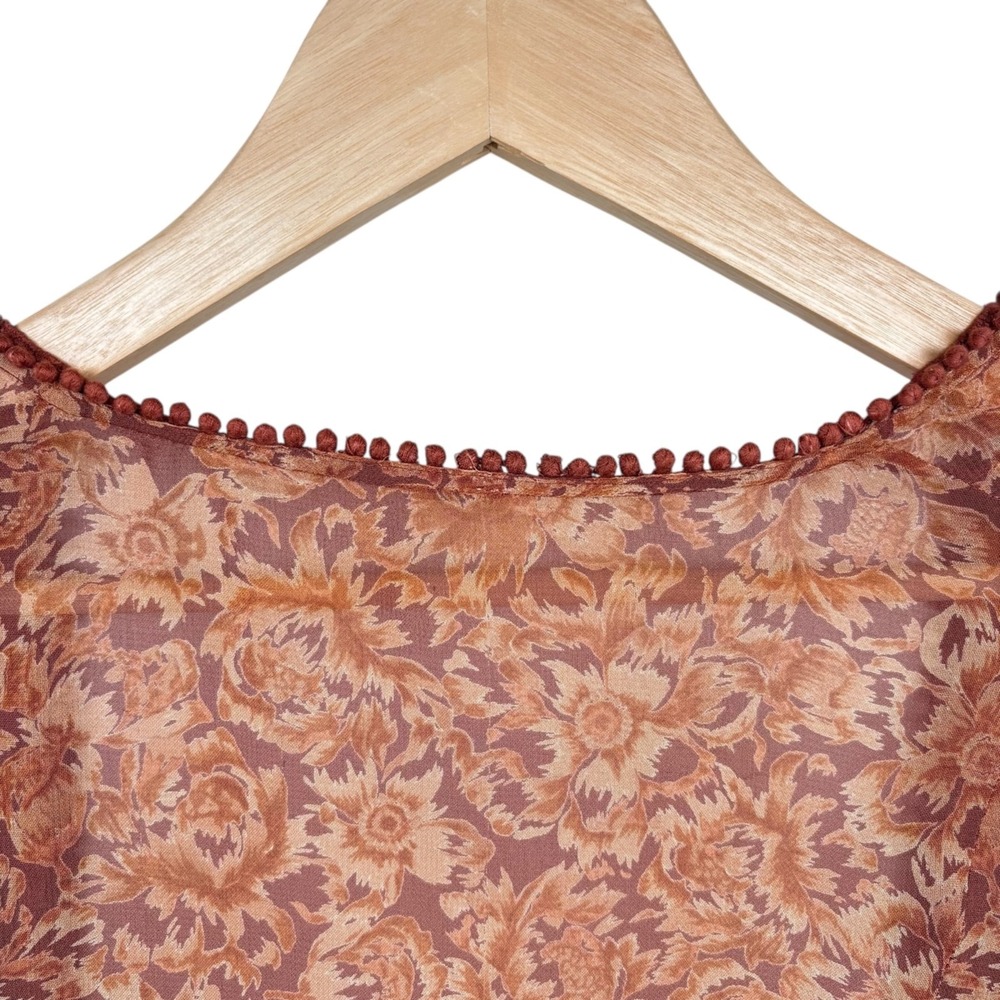 Chan Luu Boho‎ Floral Open Front Kimono Cardigan Ruffle Hem Brown Rust Sz Large - Picture 8 of 12